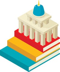 An illustration of books as stairs leading to a generic Washington, DC iconic looking building