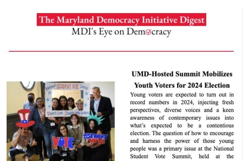 Image of the MDI Newsletter masthead, photo of MDI delegation to the National Student Vote Summit with the headline and partial article.