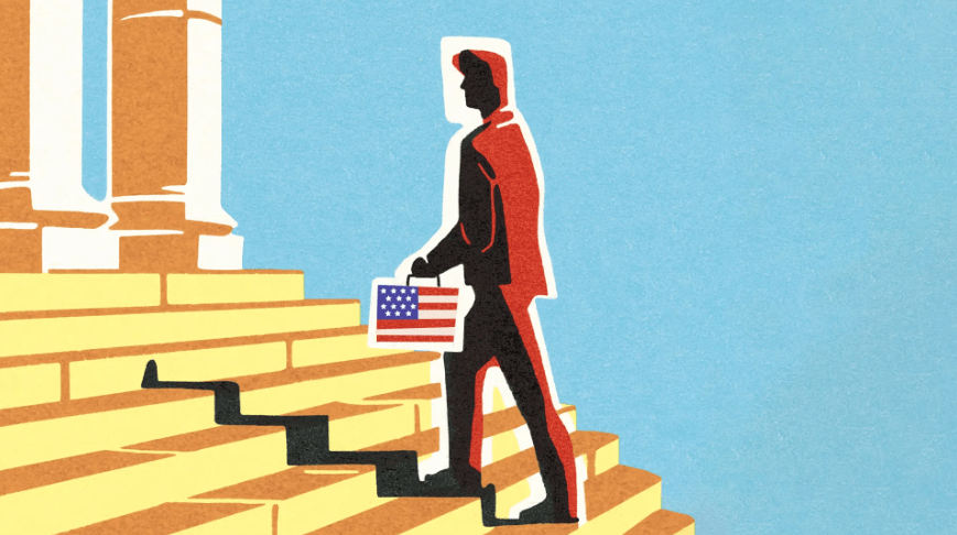 Illustration of a figure walking up Capital stairs holding an American flag briefcase