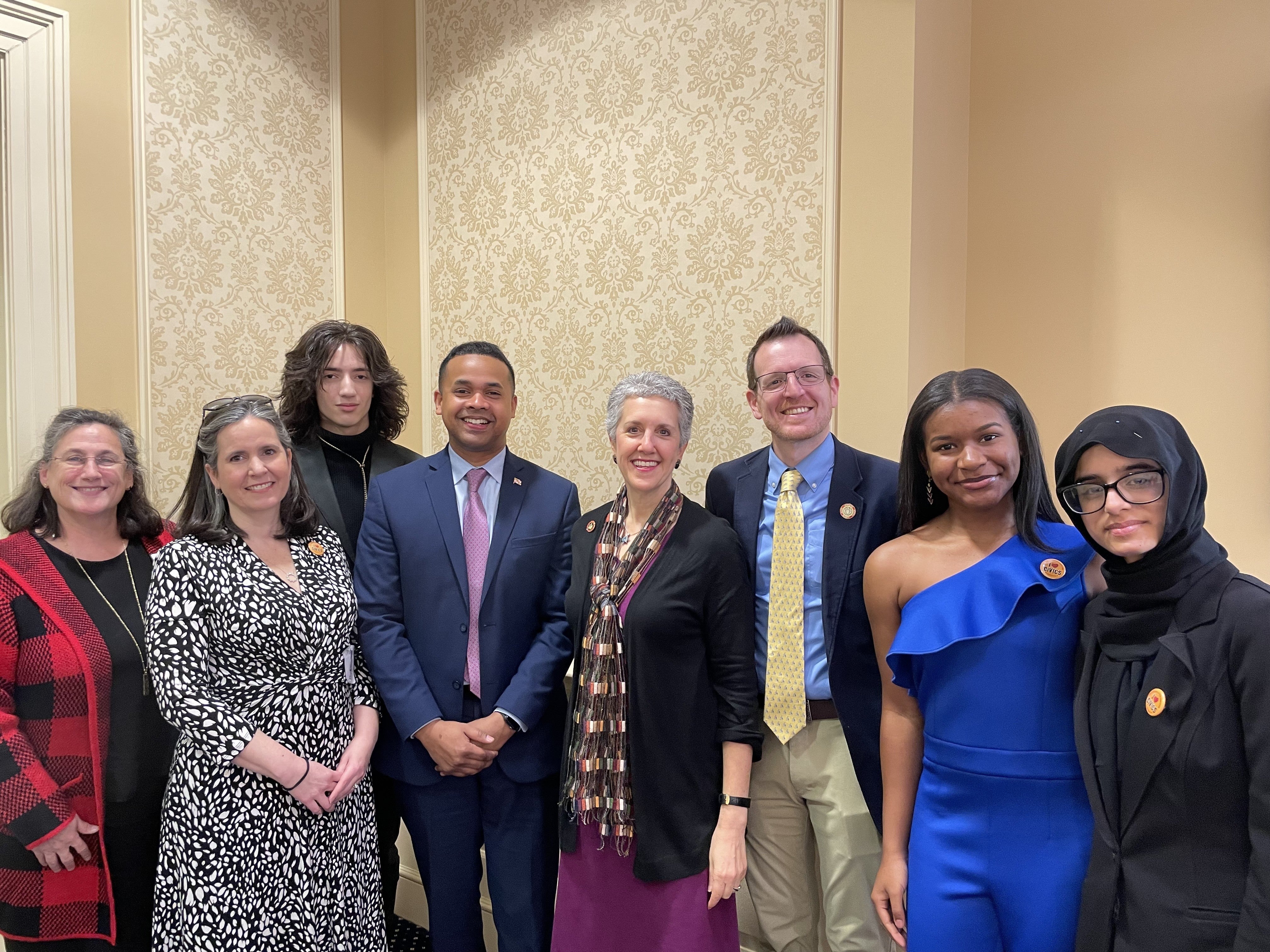 Maryland Civic Education Coalition leaders and students with Secretary Paul Monteiro, Sen. Cheryl Kagan and Sen. Justin Ready.