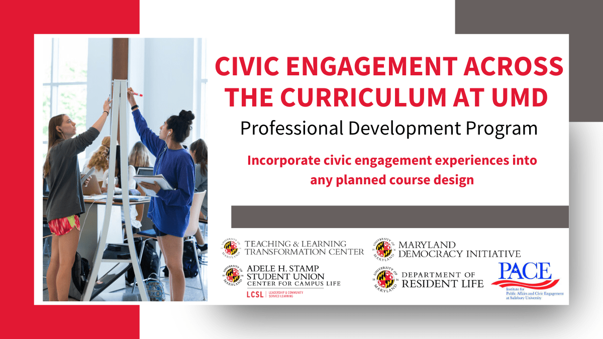 Flyer featuring a photo of studies in a classroom and information about the Civic Engagement Across the Curriculum Program that can be found in the program description.