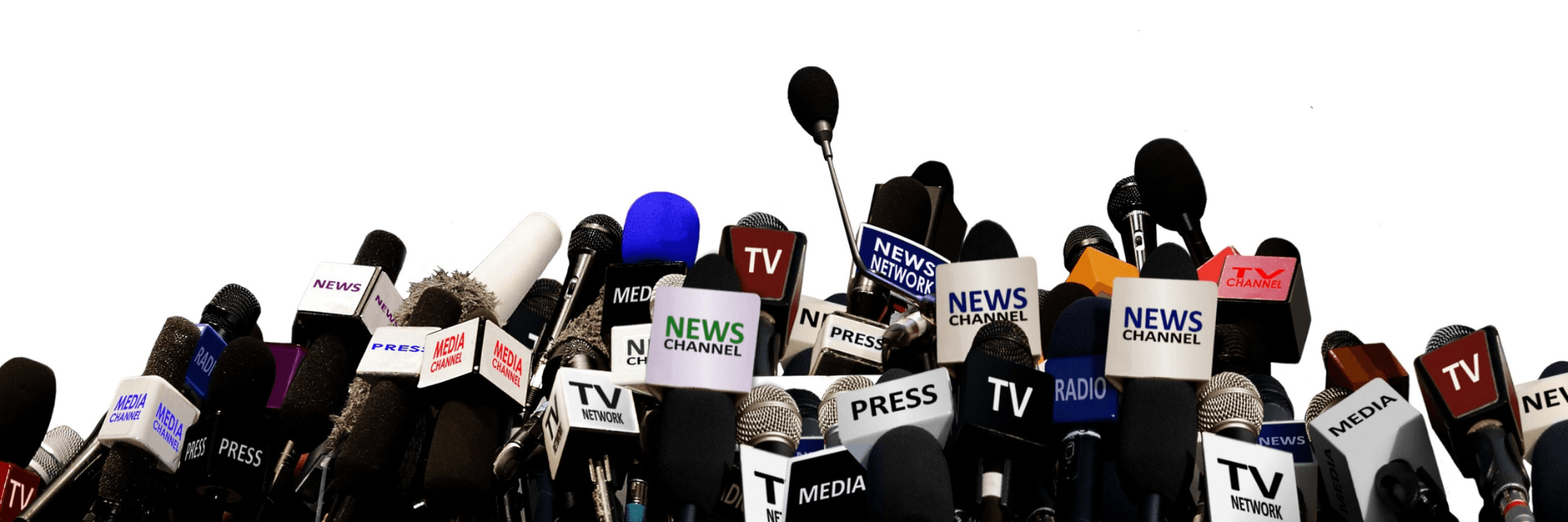 A photo of microphones that are labeled news, TV and media.
