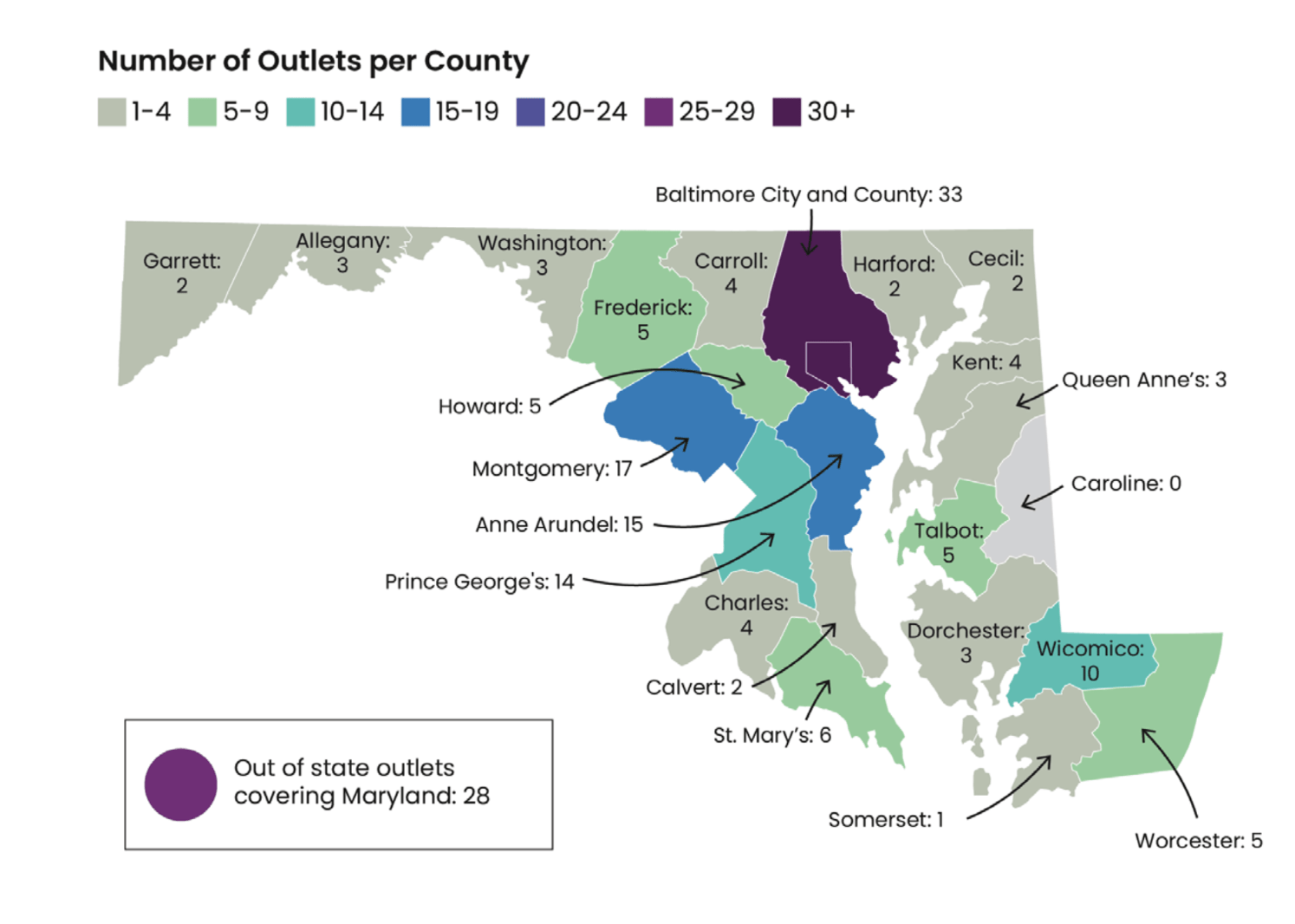 A map of where Maryland's media outlets are located.